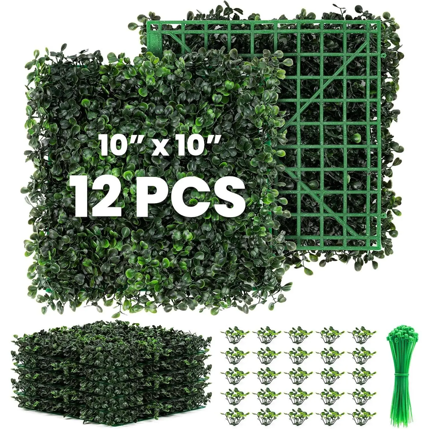 Grass Wall 12 Pack 10"x10" Artificial Boxwood Hedge Wall Panels, Privacy Hedge Screen Faux Boxwood for Outdoor,Indoor,Garden,Fence,Backyard,Greenery Walls