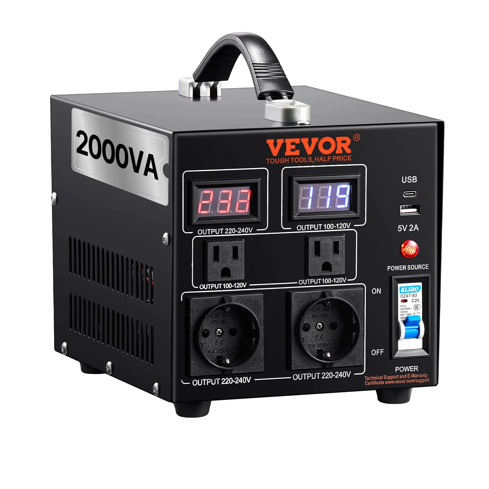 VEVOR Voltage Converter Transformer, 2000W, Heavy Duty Step Up/Down Transformer, Convert from 110 Volt to 220 Volt and from 220 Volt to 110 Volt, with US Outlet EU Outlet 5V USB Port, CE Certified