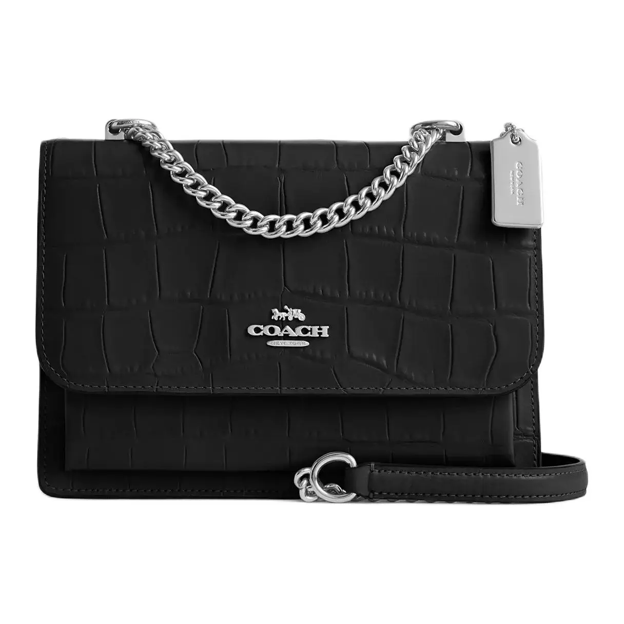 COACH Klare 22 Crossbody Bag for Women – Silver-Tone Metallic Accents, Croc-Embossed Leather, Small Size, Black