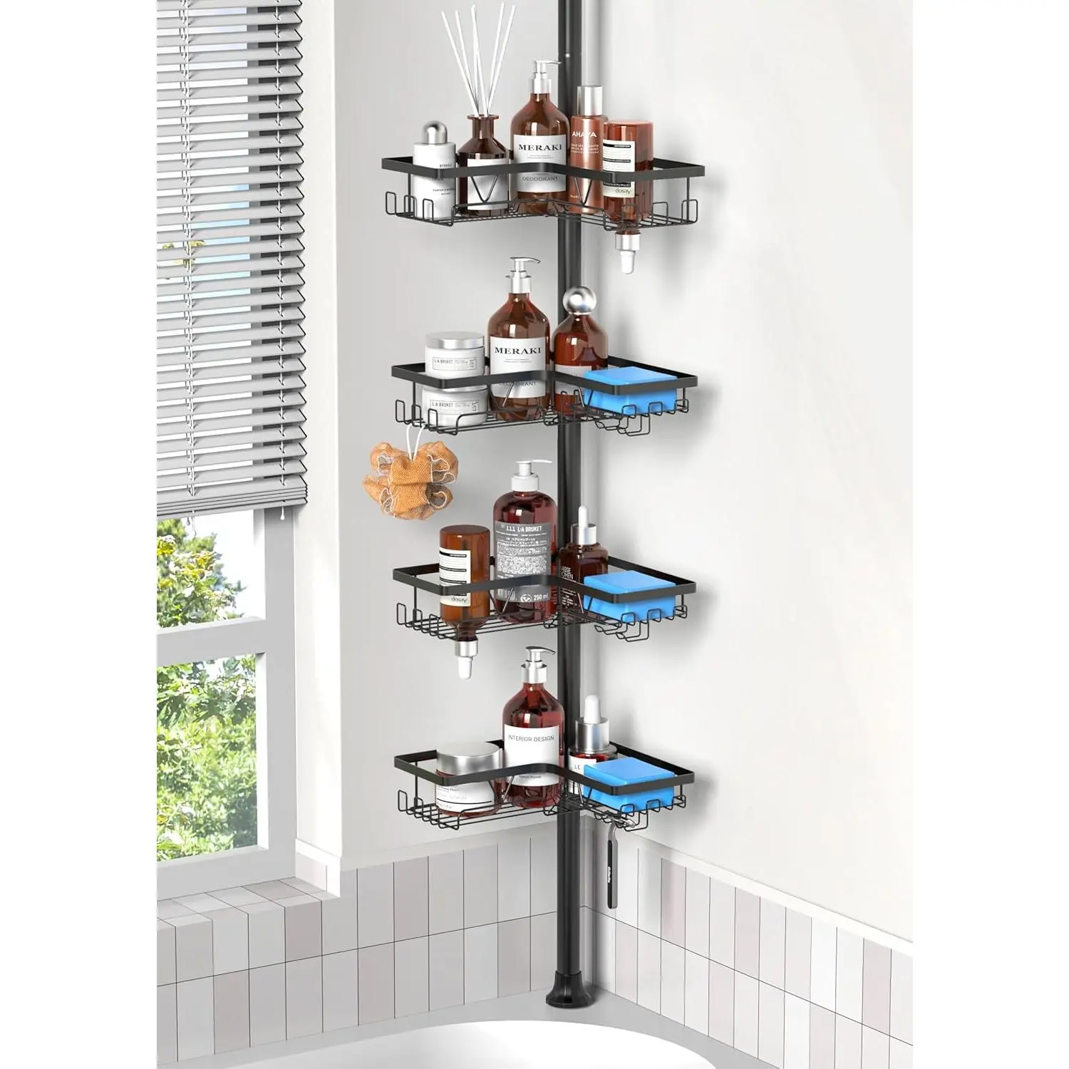 Shower  Corner for Bathroom, Tension Pole, Adjustable 25in-114in Floor to Ceiling, Standing Shower Tension Rod Organizer with Hooks, 4 Tier Storage Shelves, Matte Black