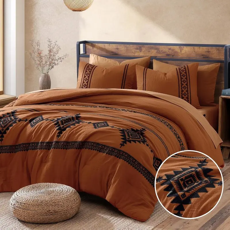 Burnt Orange Embroidered Comforter Set Queen Size, 7-Piece Western Boho Bed in a Bag with Sheets, Southwestern Geometric Farmhouse Bedding Set, Soft All Season Bedroom Comforter