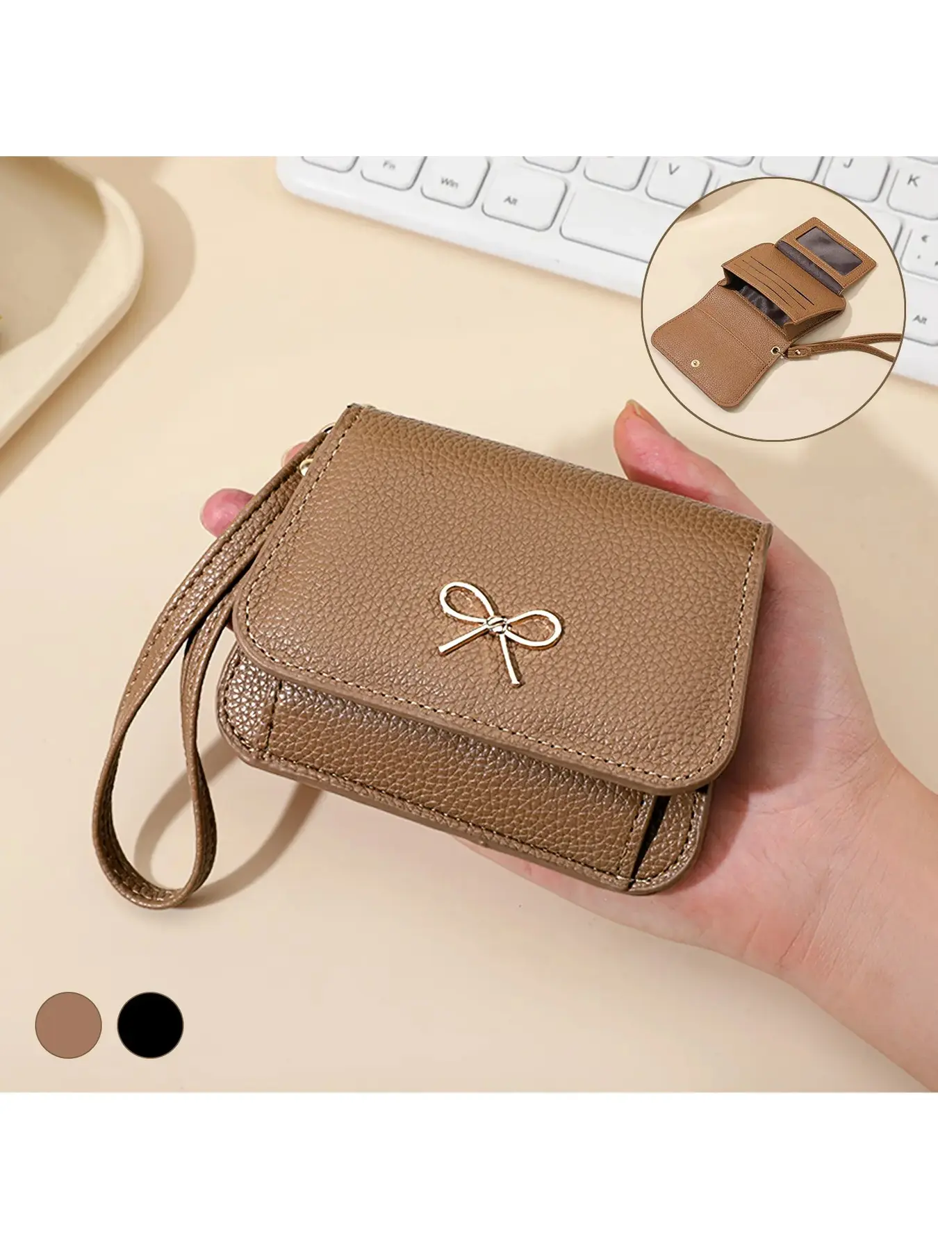 Cute Bow Wallets for Women,RFID Short Wristlet Wallet with 1 ID Flip Window and 1 Zipper Pocket,Card Holders Clutch Slim Coin Purse