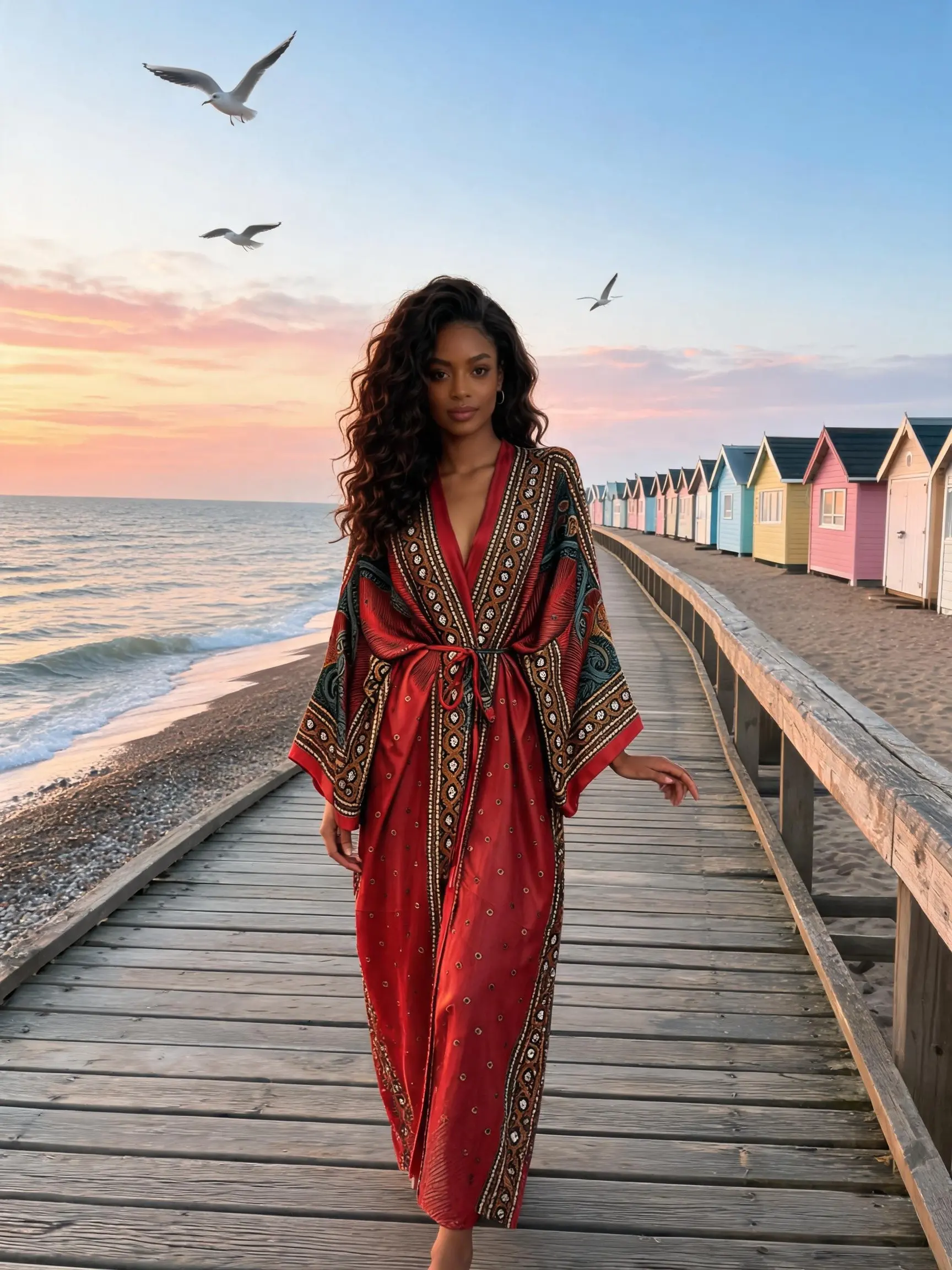 Vintage Ethnic Printed Satin Long Kimono Robe, Women Luxury Morning Gown, Loungewear for Home, Vacation, Beach Cover Up
