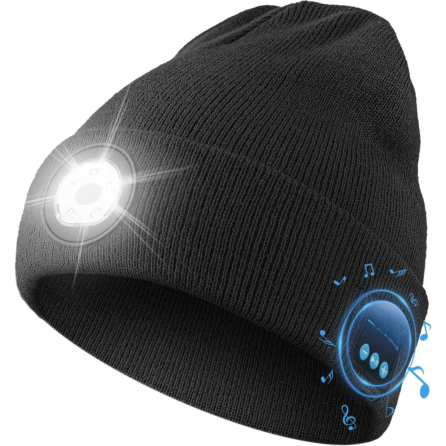 Bluetooth Beanie with Light, HD Stereo Sound, USB Rechargeable Headlamp  Hiking Fishing, Gift  Men Women Teen