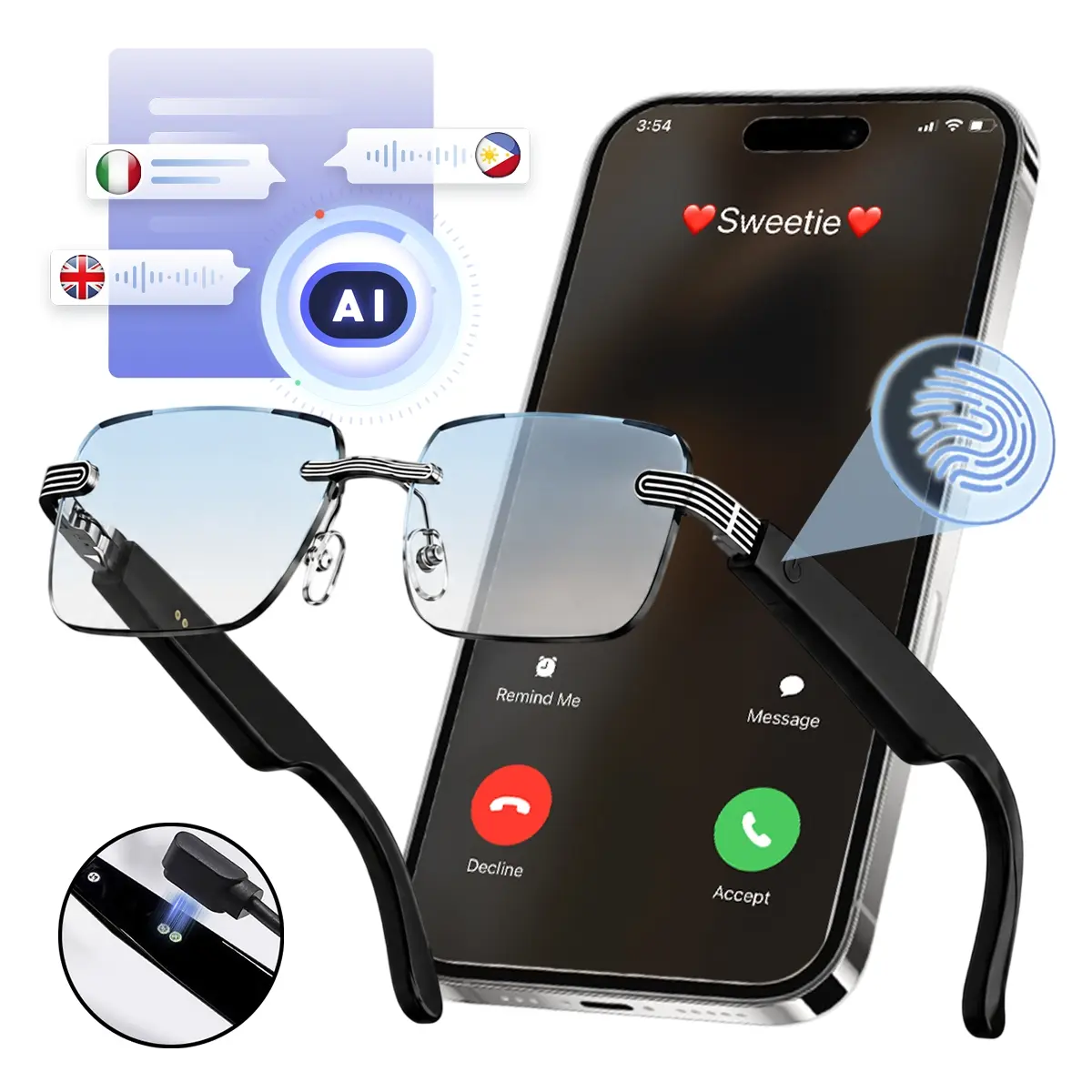 Travel Smart Glasses,AI Voice Assistant, Real-time Translation (130+ Languages), Touch Camera, Bluetooth Music & Calls, Transparent Lens, Lightweight Smart Wear for Trips, Outdoor Adventures & Daily Life, Touch Control Glasses