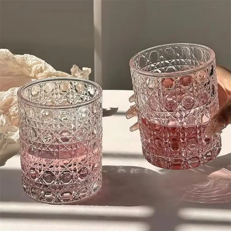 Retro Embossed Diamond Cut Glass Tumbler, Vintage Crystal Textured Drinking Glass, Clear & Glassware for Iced Coffee, Juice, Cocktail, Home Bar Decor, Premium Artisan Glassware