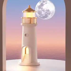 2400mah Lighthouse Night Light, Rechargeable LED Desktop Lamp, Moonlight Projection, Ambient Small Night Light for Bedroom, Living Room, Study Room