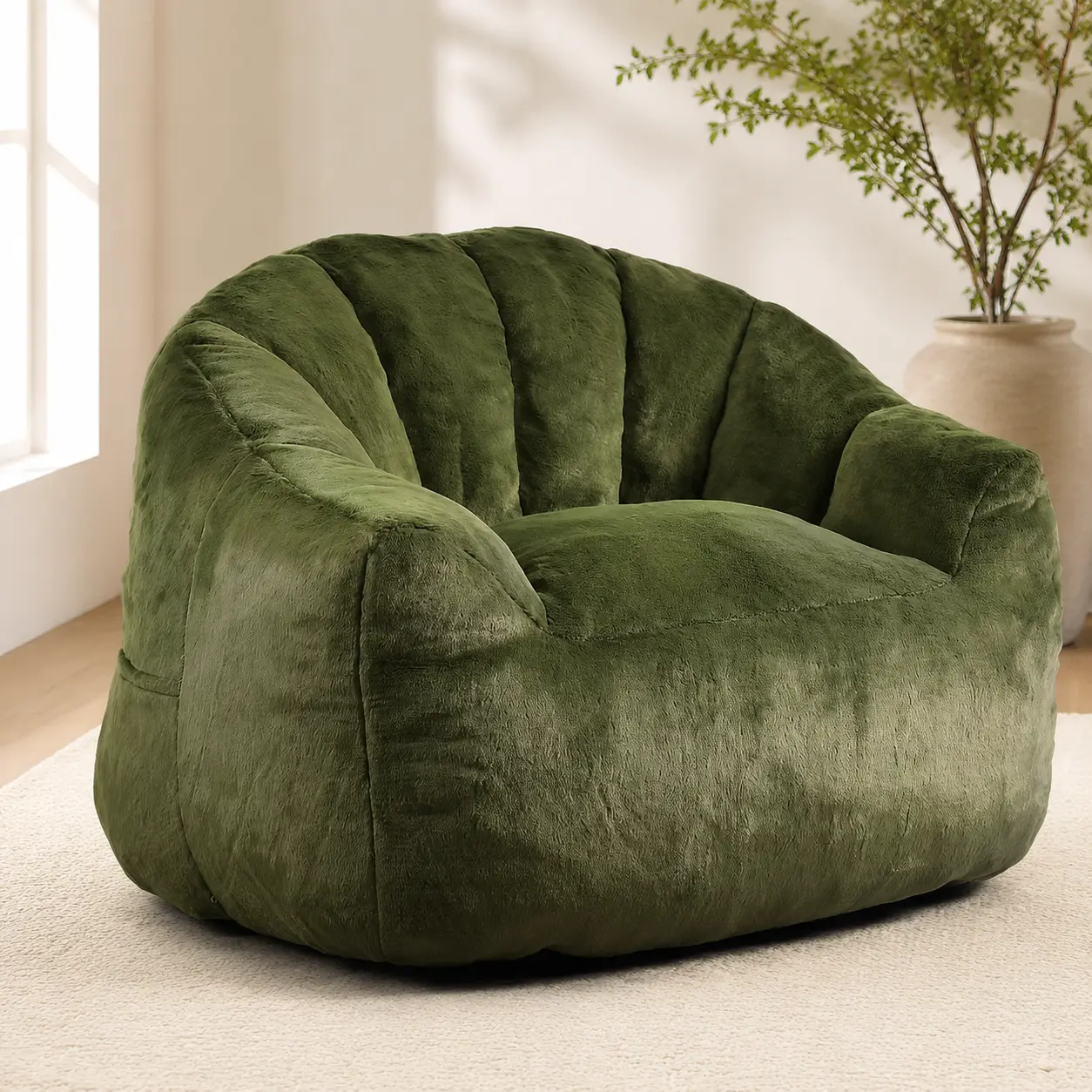 Littleox Comfy Bean Bag Sofa with Back Support, Faux Fur Bean Bag Chair for Adults and Kids, Stuffed Floor Sofa for Living Room, Bedroom, Apartment, Green