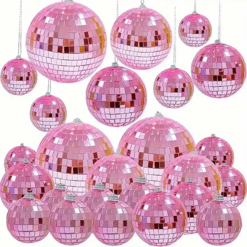 Pink Disco Ball Decoration Set - Glass mirror-finish balls with hanging strings, perfect for parties, DJ clubs, weddings, Christmas, and home decor - No power required, feather-free, versatile holiday decorations