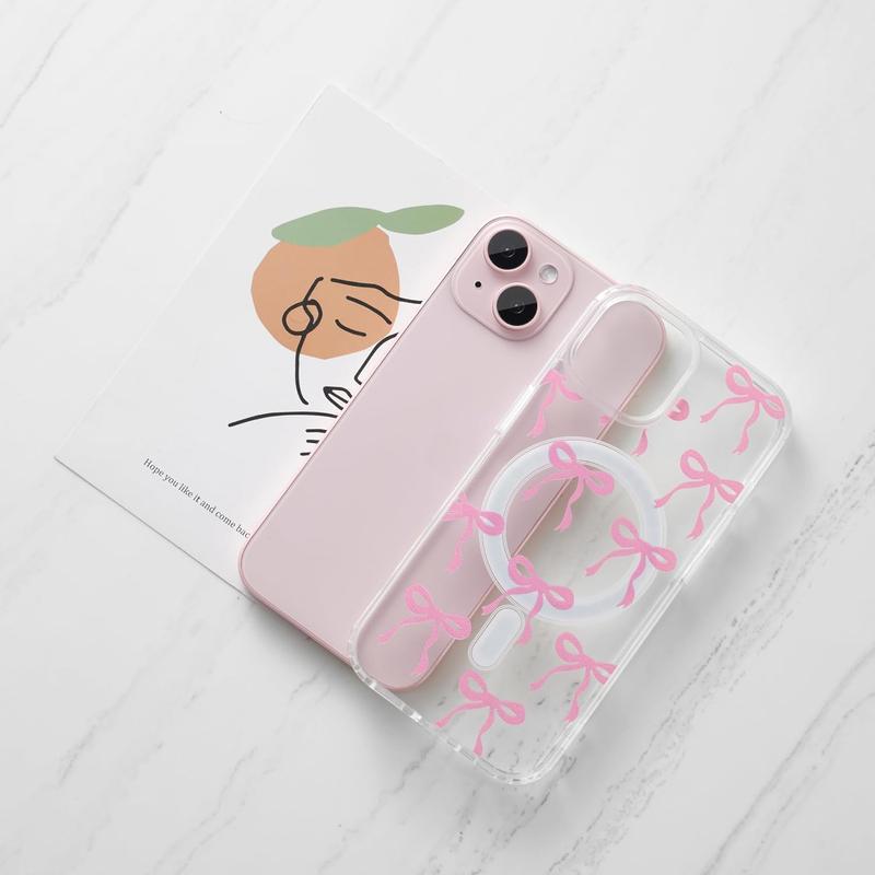 Magnetic for iPhone 17 16 15 14 13 12 11 Case, Bow Case Compatible with MagSafe, Wireless Slim Clear Ribbon Phone Cover Anti-Yellowing Shockproof Protective Cover for Women Girl - Pink.QXG339