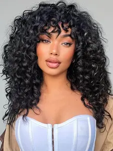 18 Inch Curly Wig with Bangs, Medium Length Synthetic Curly Wigs, Bouncy Fluffy for Women, Daily Wear & Cosplay