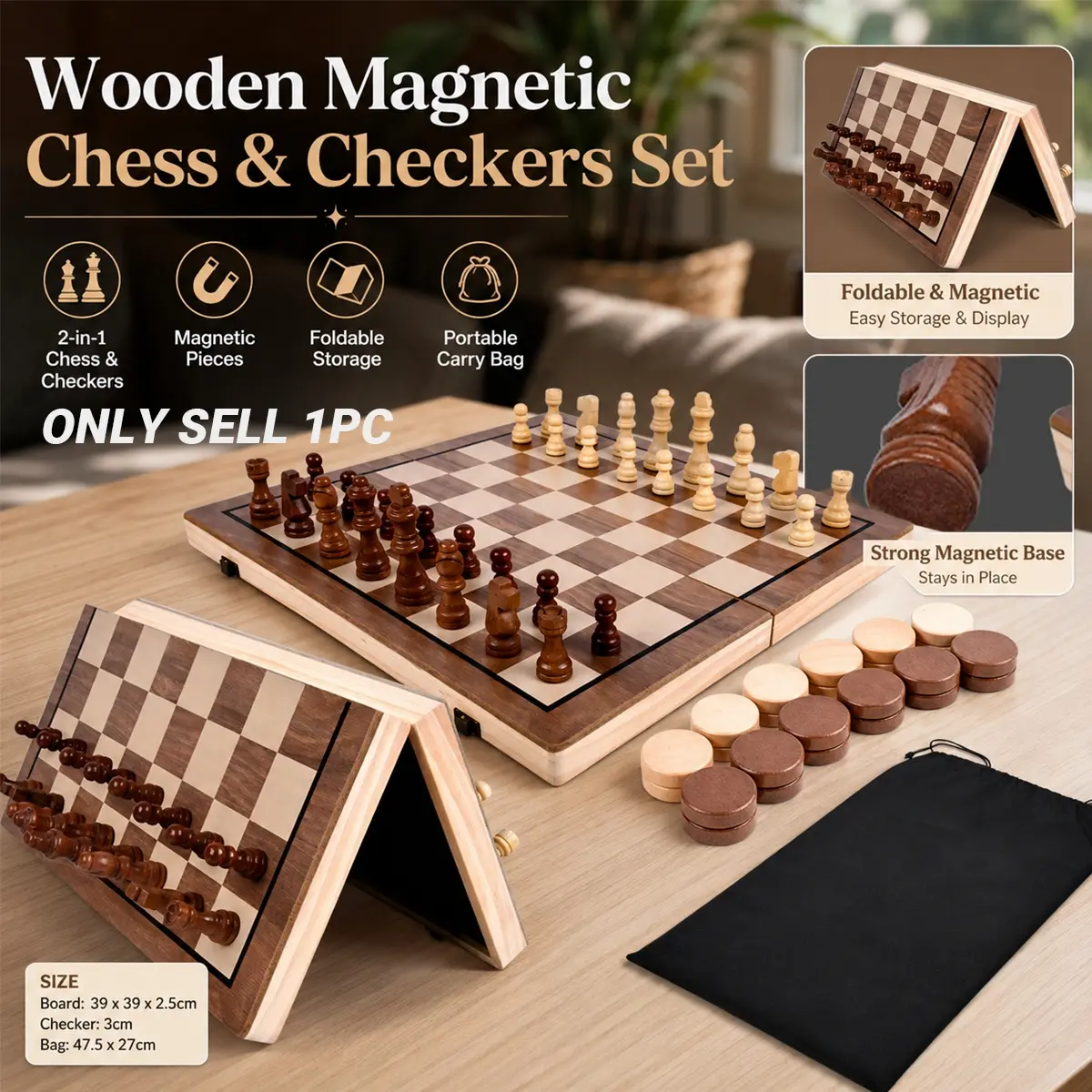 Wooden Folding Magnetic Chess Set with Checkers, 2-in-1 Portable Strategy Board Set with Internal Piece Storage Slots, Stable Magnetic Pieces, with Storage bag for Family Time, Travel, Office Breaks, Chess Learning, Friends Gathering and Parties