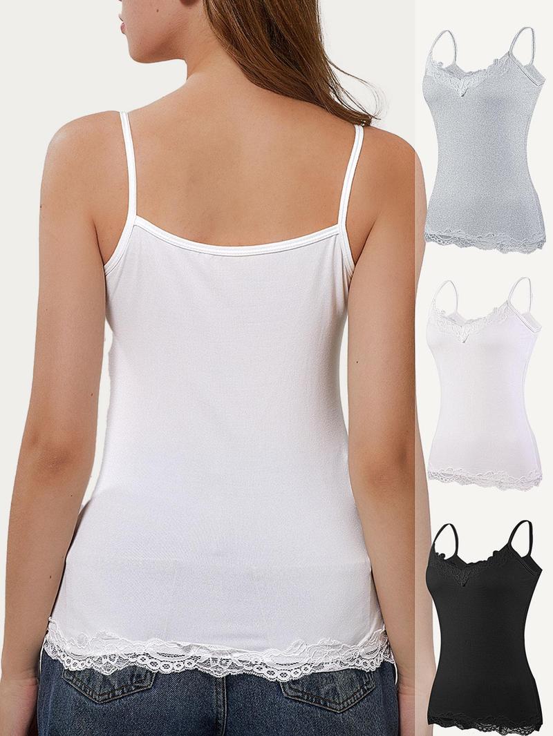 Women's Contrast Lace Cami Top, Casual Comfy Cami, Casual Soft Comfortable Breathable Sleeveless Spaghetti Strap Top for Daily Wear, Ladies Sleepwear for All Seasons, Clothing