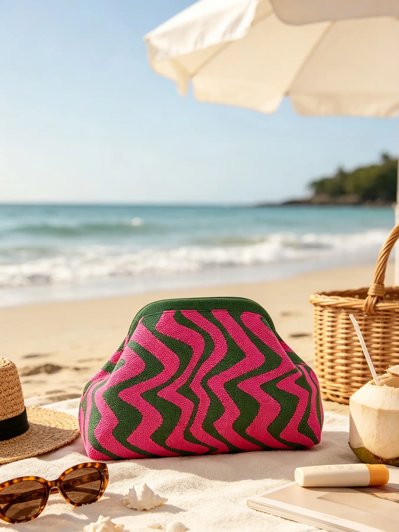 1Pc Eye‑Catching Wavy Striped Knit Frame Clutch Bag Fold‑Over Closure Design, Chic Compact Women Handheld Storage Pouch For Outfit Matching