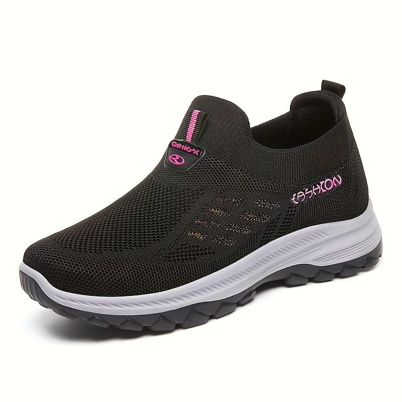 Women's Black Mesh Slip-On Sports Sneakers |   Neon Pink Accent Breathable Knit Upper Textured Non-Slip Sole Lightweight Daily/Outdoor Comfort Running Shoes