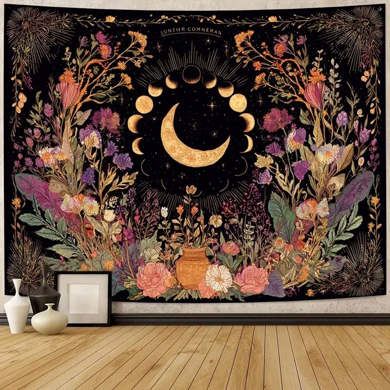 Moon Phase Floral Tapestry Celestial Botanical Wildflower Wall Hanging Boho Witchy Decor Multi-Size Options for Bedroom Living Room Dorm Bar and Party Decoration decorative Personalized Wall Decor artwork backdrop flower pattern large Psychedelic bohemian