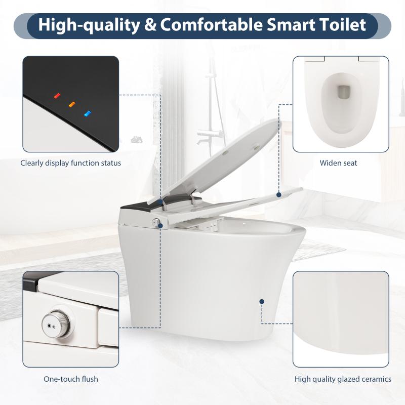 Heated Seat Smart Toilet with Foot Sensor Flush, Blue Night Light, Soft Close Cover, White Modern Bathroom Essential