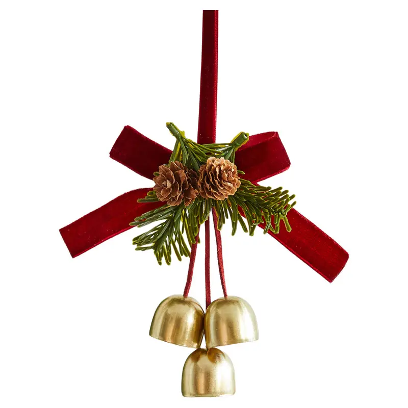 Christmas Hanging Ornament with Velvet Bow, Artificial Pine Sprigs, Pinecone and Metal Bells, Suitable for Christmas Tree & Indoor Door Decor, Lightweight Festive Pendant for Holiday Decoration