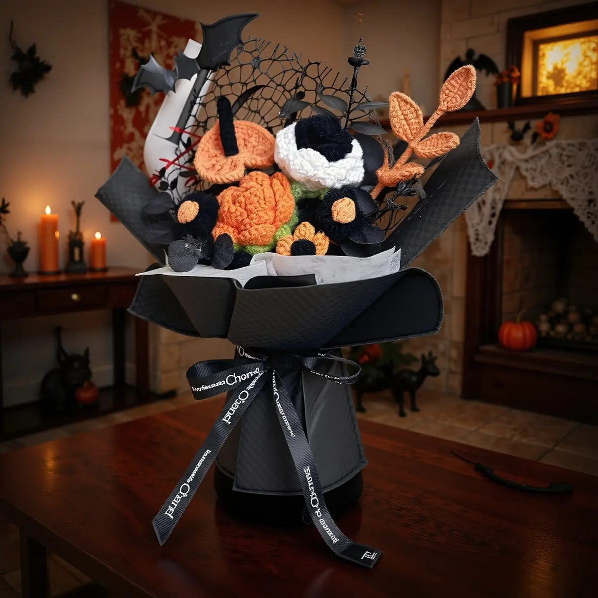 Handmade Crochet Halloween Bouquet Bat Rose Tulip Yarn Flowers Gift Hand-Tied Party Favor Home Decor Spooky Season Aesthetic Cozy Vibes TikTok Viral