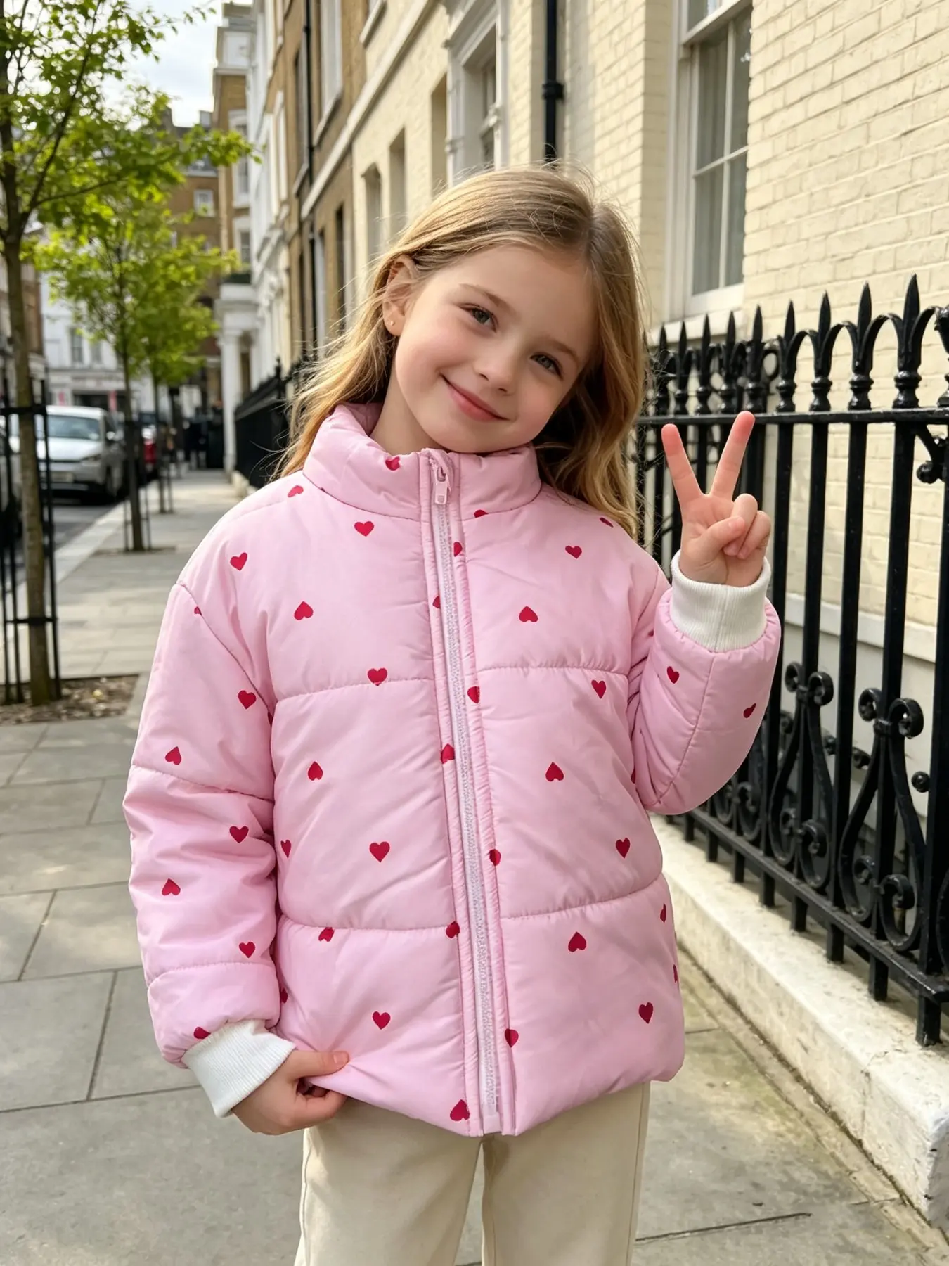 Dreamy Winter Print Coat for Kids, Heart Pattern Warm Down Jacket, Casual Slim-Fit, Polyester Fiber, Toddler Girl Coats, Mom Life Essentials