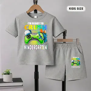 Boys’ Cartoon Video Game Console Graphic Print T-Shirt and Shorts Set, Kids Summer 2-Piece Outfit, Comfortable Crew Neck Short Sleeve Clothing Set, Soft Lightweight Casual Wear for School, Outdoor Play, Vacation and Weekend Adventures