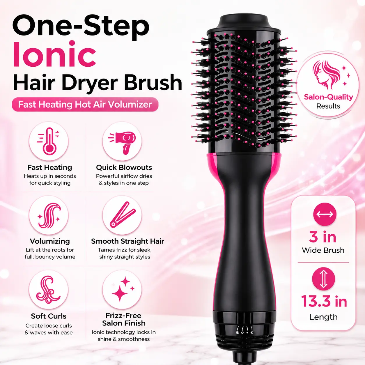 One-Step Ionic Hair Dryer Brush – Fast Heating Hot Air Volumizer for Quick Blowouts, Smooth Straight Hair, Soft Curls & Frizz-Free Salon Finish