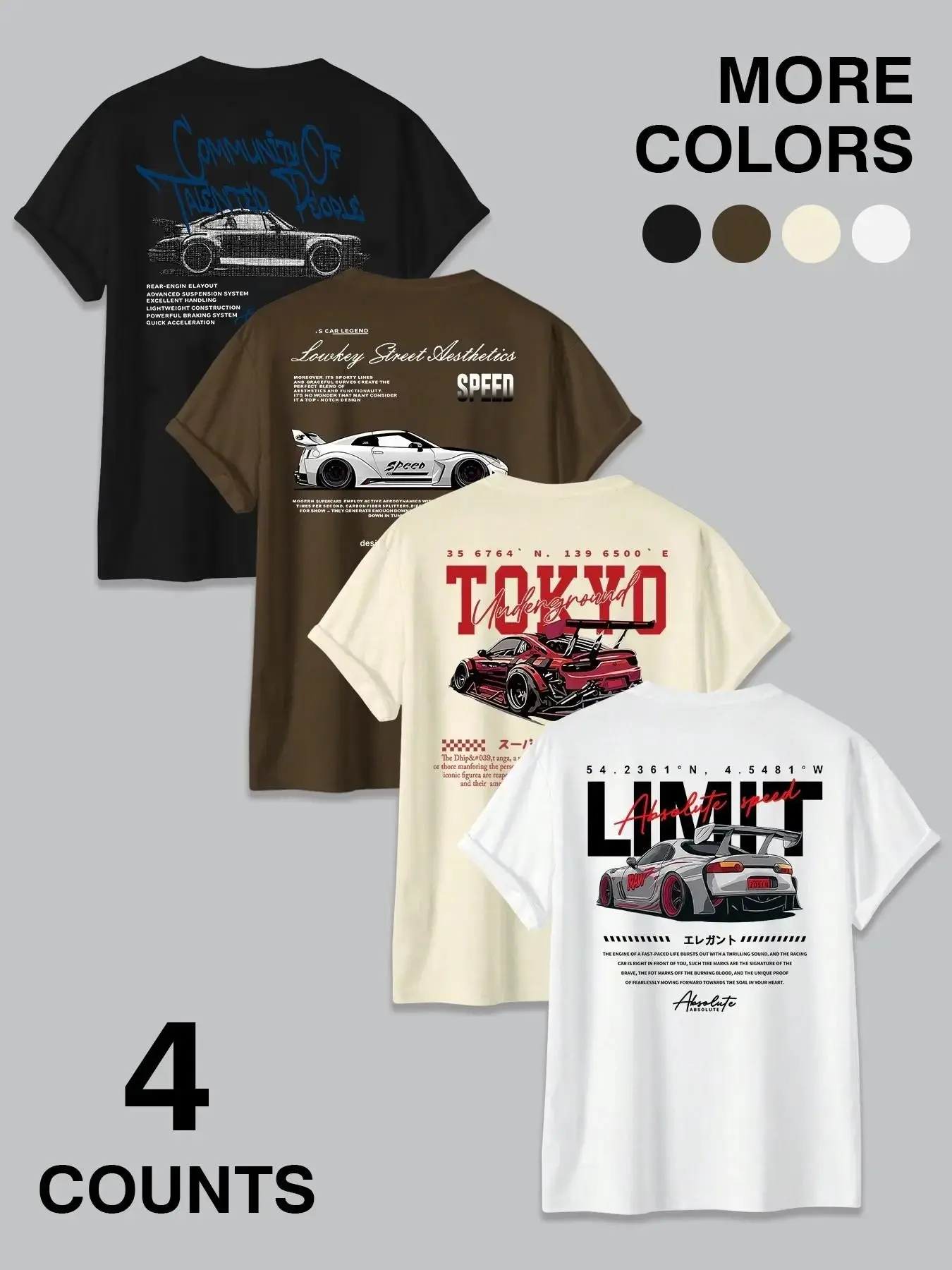 4-Piece American Jdm Tokyo Racing Print Short Sleeve Men's T-Shirts, Vintage Street Car Letter Loose Fit Motorcycle Tees