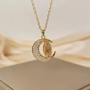 14K Gold Plated Our Lady of Guadalupe Necklace, CZ Virgin Mary Crescent Moon Pendant, Dainty Catholic Religious Jewelry for Women, Faith Gift for Daily Wear and Special Occasions