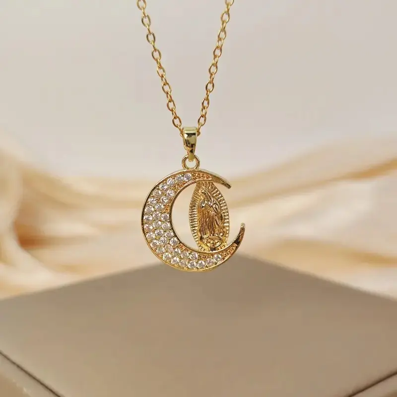 14K Gold Plated Our Lady of Guadalupe Necklace, CZ Virgin Mary Crescent Moon Pendant, Dainty Catholic Religious Jewelry for Women, Faith Gift for Daily Wear and Special Occasions