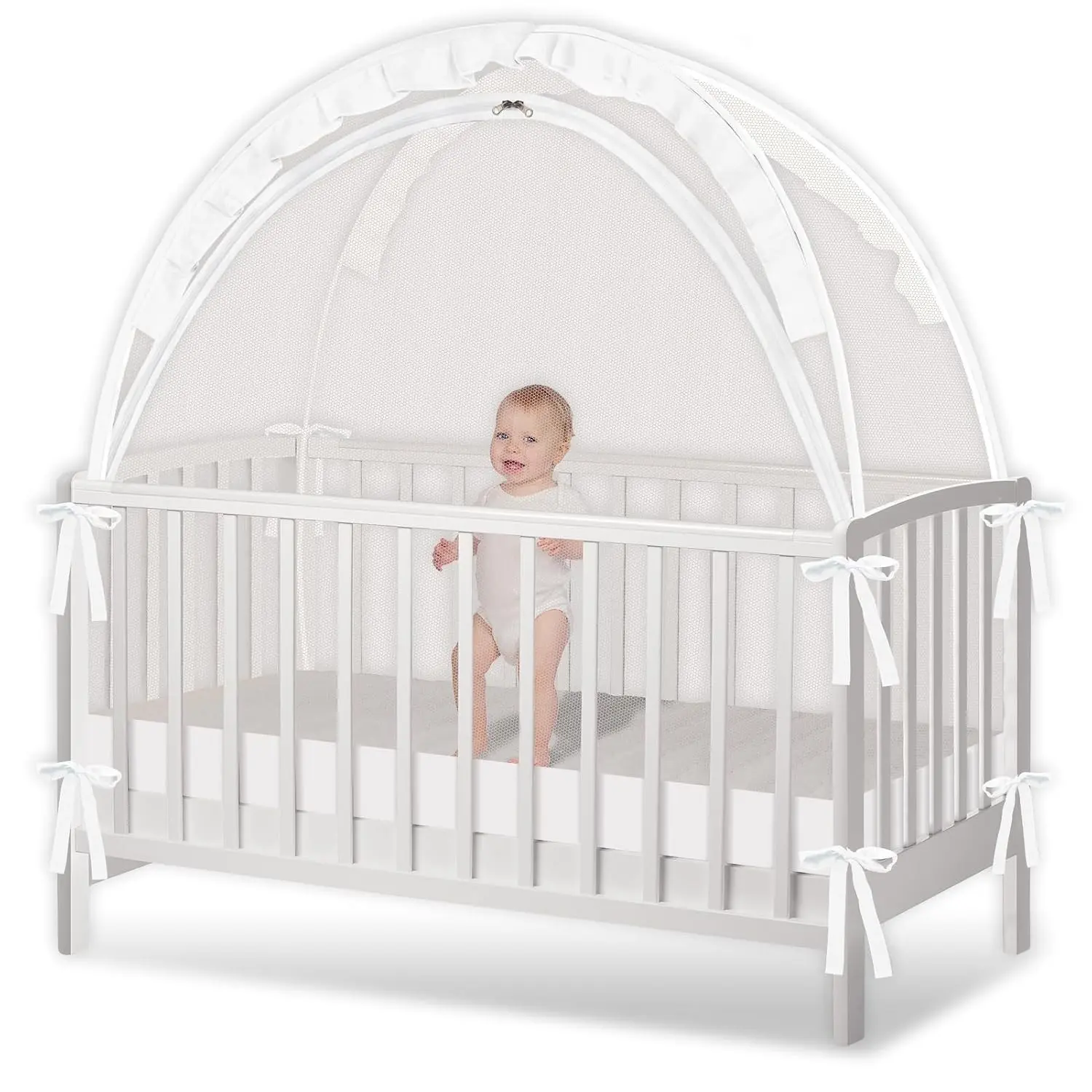 Pop Up Crib Tent - Durable Breathable Crib Net to Keep Baby in, Stop Baby from Climbing Out, with Double Zipper Strong Rods Easy Installation