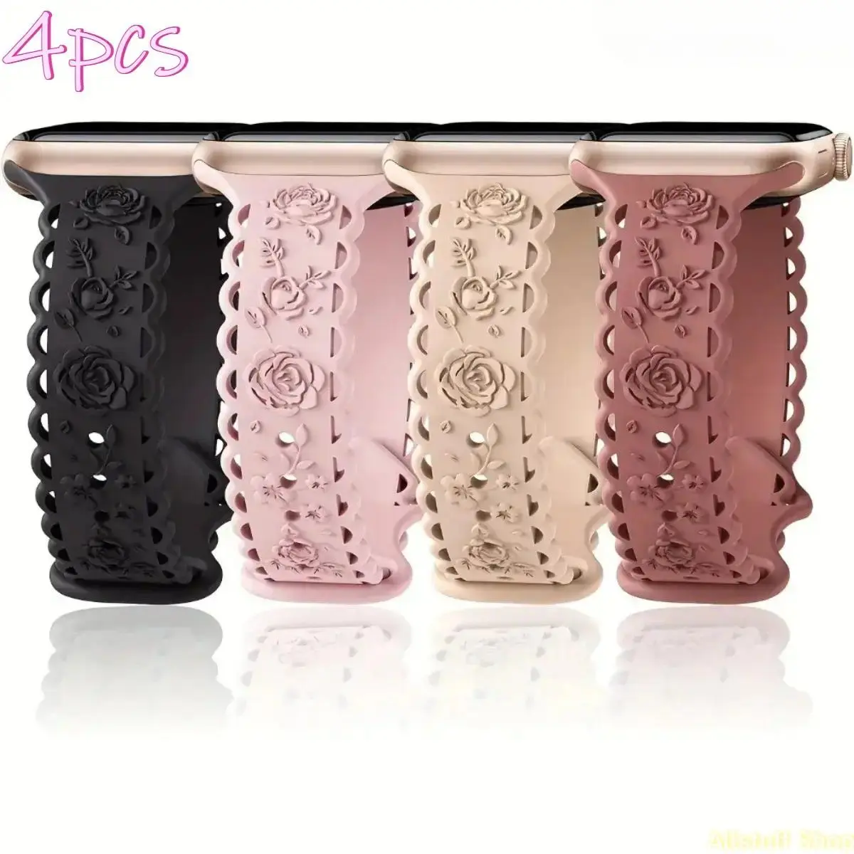 Women's Smartwatch Straps, 4-Pack Slim Fit Lace Rose Silicone Bands for Sport, Compatible with 38mm-49mm Watches (Series 1-10, SE, Ultra/Ultra 2), Smartwatch Accessories, Sports, Wearables, Lightweight, Rose Motif, Four Pieces
