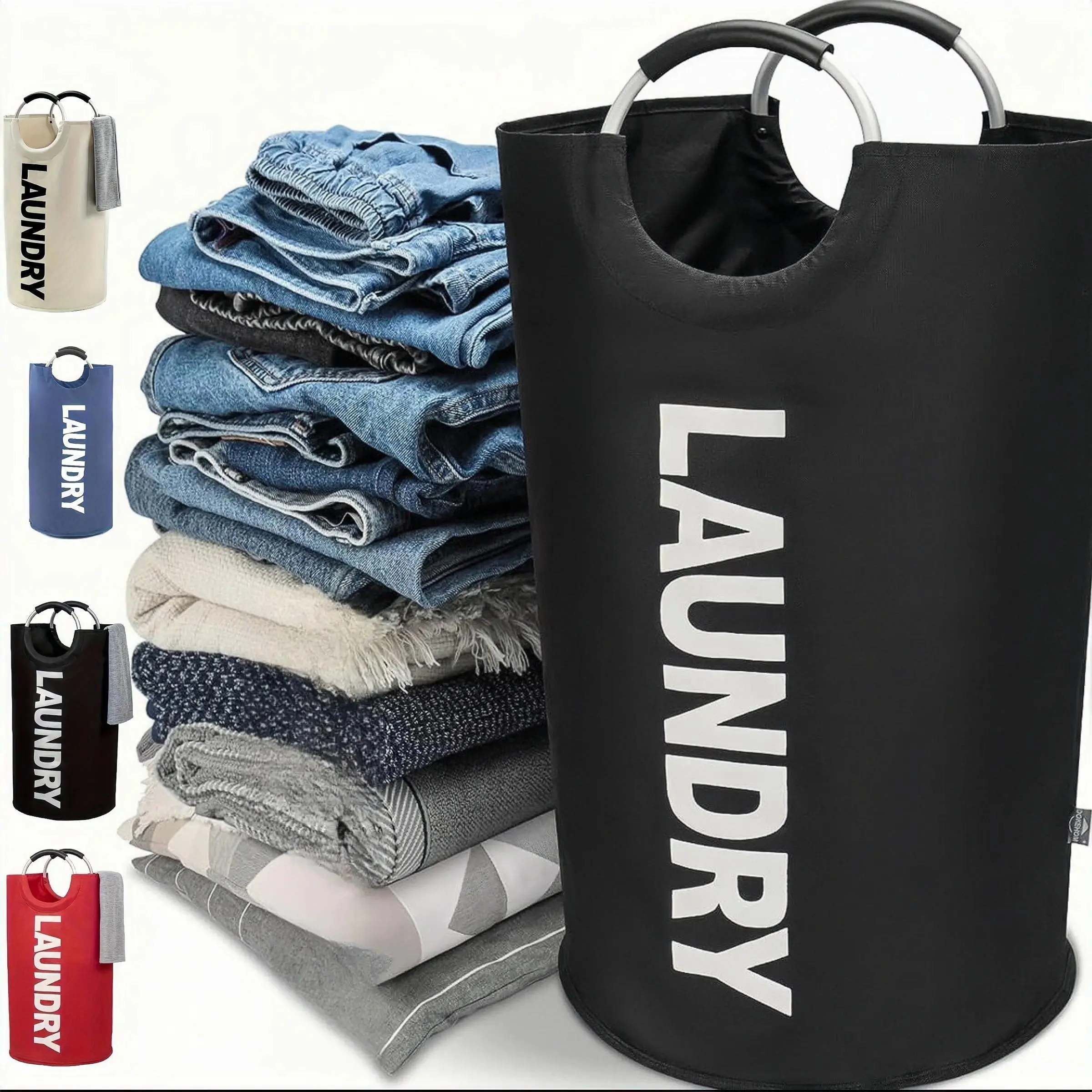 Waterproof Laundry Basket with Padded Handle - 1-Count Foldable Large-Capacity Modern Clothes Storage Organizer for Bathroom, Laundry Room, Laundry Baskets