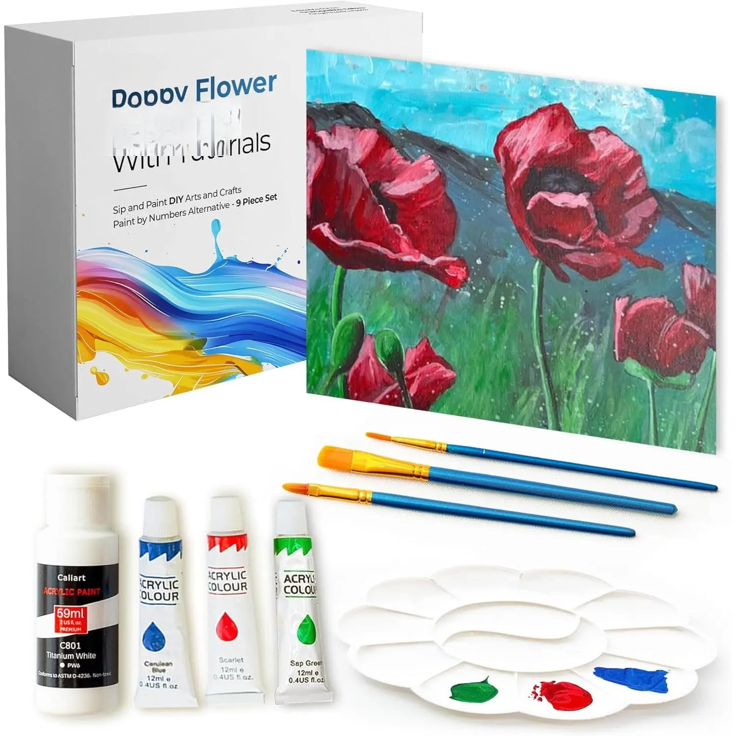 DIY Art Painting Kit for Adults with Video Tutorials - Learn to  Poppy  - 9 count   Set & Art Supplies for Adults, Mother Day  for Mom, Women, Men, Art Lover