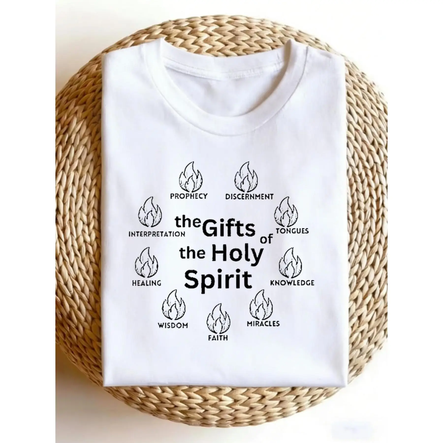 Men's Vintage T-Shirt - Gifts of the Holy Spirit Sacred Flame Icon Round Neck Tee with Minimalist White Fire Suitable for Church Apparel, Religious Gifts & Casual Attire