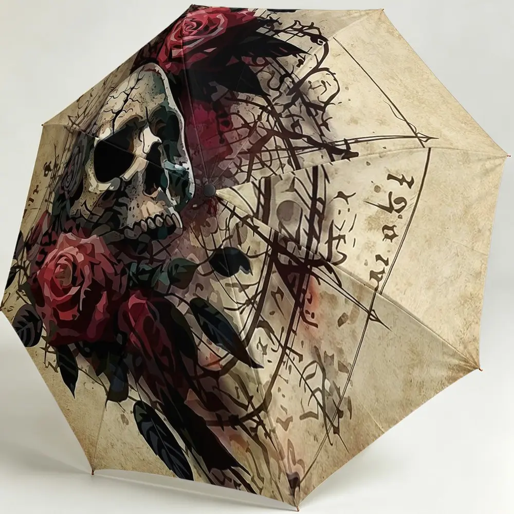Vintage Skull and Rose Umbrella, Handheld Folding Umbrella, 8-Rib Durable Frame, Outdoor Accessory, Christmas/birthday Gift