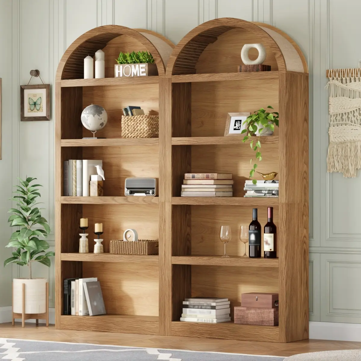 Freestanding Tall Bookshelves Set of 2, Farmhouse Two-Tone Open Storage Cabinet with Fabric Arched Top, 5-Tier Display Bookcase for Living Room, Bedroom, Home Office, Brown+Natural