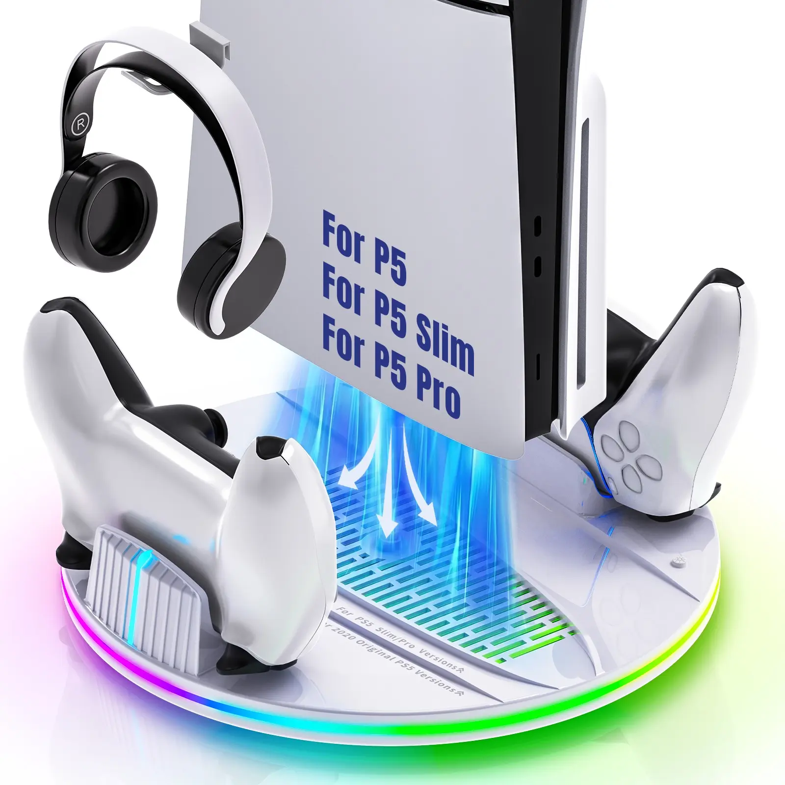 PS5 Cooling Stand with Dual Controller Charging, 3-Level Fan, RGB Light, Game Disc Storage and Headset Holder, Compatible with PS5, PS5 Slim and PS5 Pro, White
