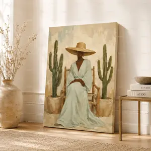 Bohemian Woman with Cacti Vertical Canvas Wall Art, Neutral Desert-Inspired Painting Poster, Sage  Home Decor, Available as Unframed Canvas Poster or Framed Canvas Wrap