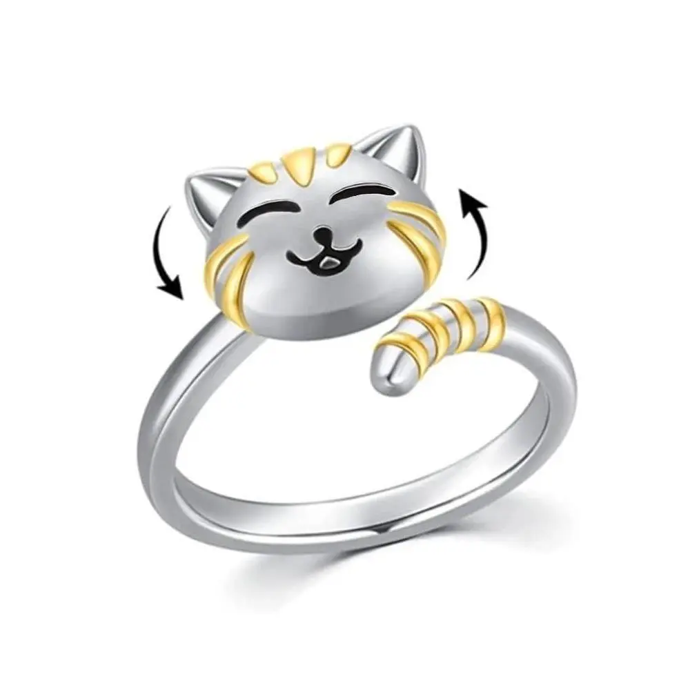 Cute Cartoon Cat Anxiety Relieve Spinner Rings Kitten Animal Anxiety Relieve Open Adjustable Fidget Ring Rotate Freely Jewelry