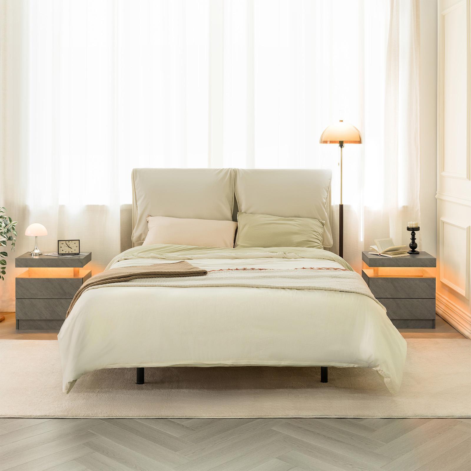 Nightstand LED Bedside Table Cabinet Lights Modern End Side with 2 Drawers for Bedroom (Deep Gray) On-Site