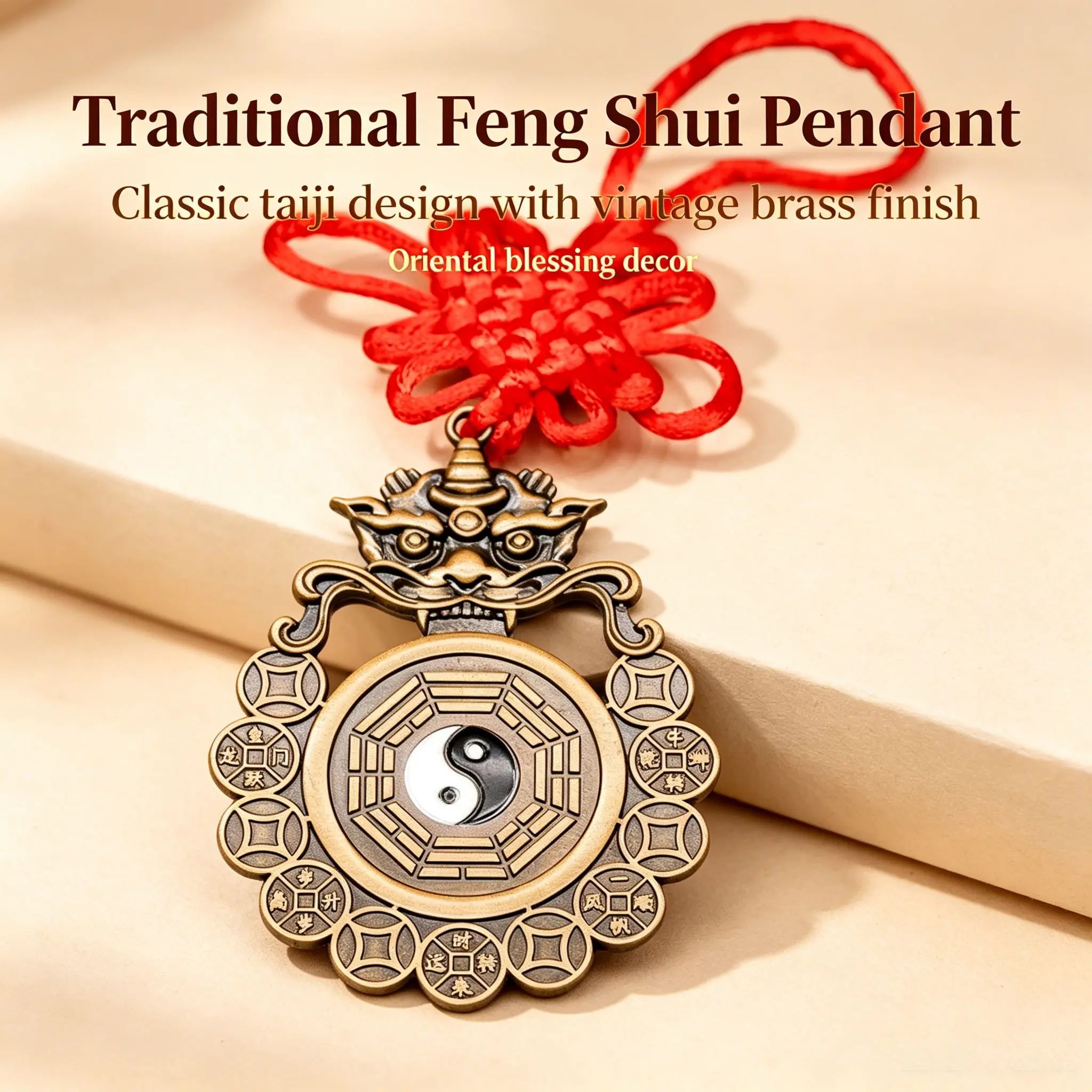 Vintage Brass Pi Yao Bagua Hanging Ornament, Chinese Knot, 5 Emperor Coins, Tai Chi Feng Shui Protection Charm, Door & Home Decor
