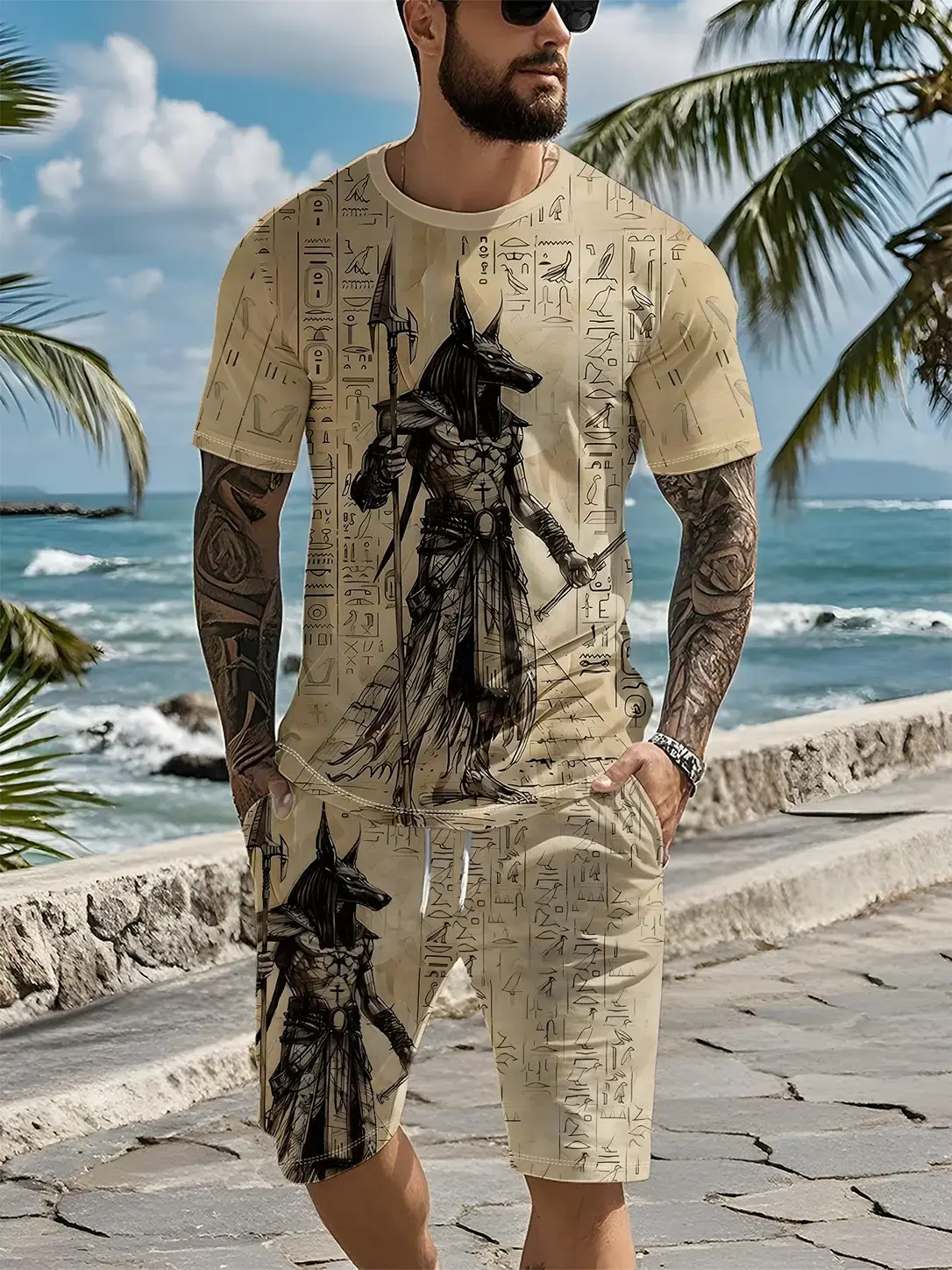Two-piece set with all-over 3D digital print featuring ancient Egyptian mythological figures and hieroglyphs, Cultural, 2Pcs, Menswear, trendy retro casual two-piece outfit, vacation wear, breathable sporty casual style, an ideal holiday gift