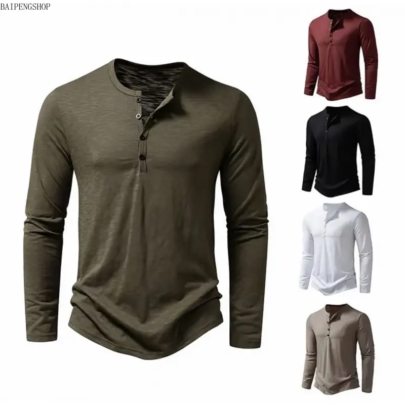 2026 Menswear Plain Stand Collar Henley Pullover - Men's Long-Sleeve Soft Button Placket Muscle Fit Base Layer, Versatile Fashion Casual Layering Top for Daily Outdoor Wear