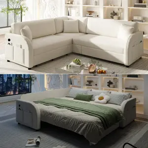 85.1" L-Shaped Sofa Couch with Pull-Out Bed,Oversize Convertible Sleeper Sofa with side Pocket & USB Port,Sherpa Fleece Upholstered Sectional Couches, for Living Room, Apartment, Office,Beige/White