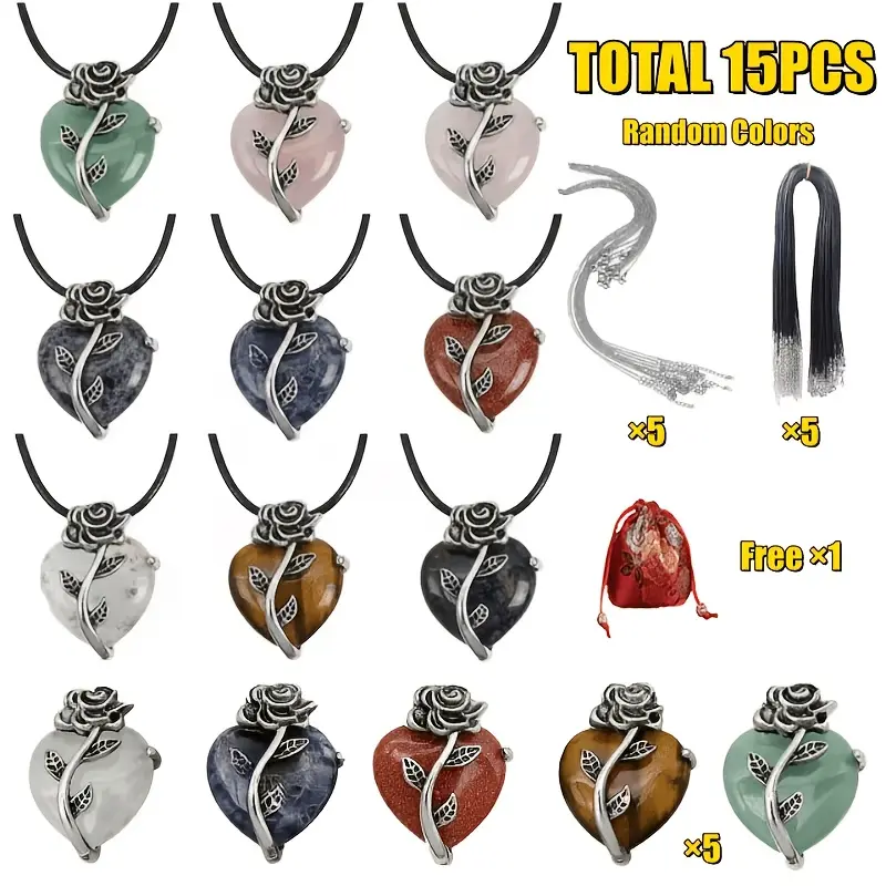 Set Of 15pcs Featuring Women'S Stone Rose And Heart Shaped Pendants Necklace With Gift Bag Parts , Comprising 5 Pendants, 5 Cords, And 5 Chains
