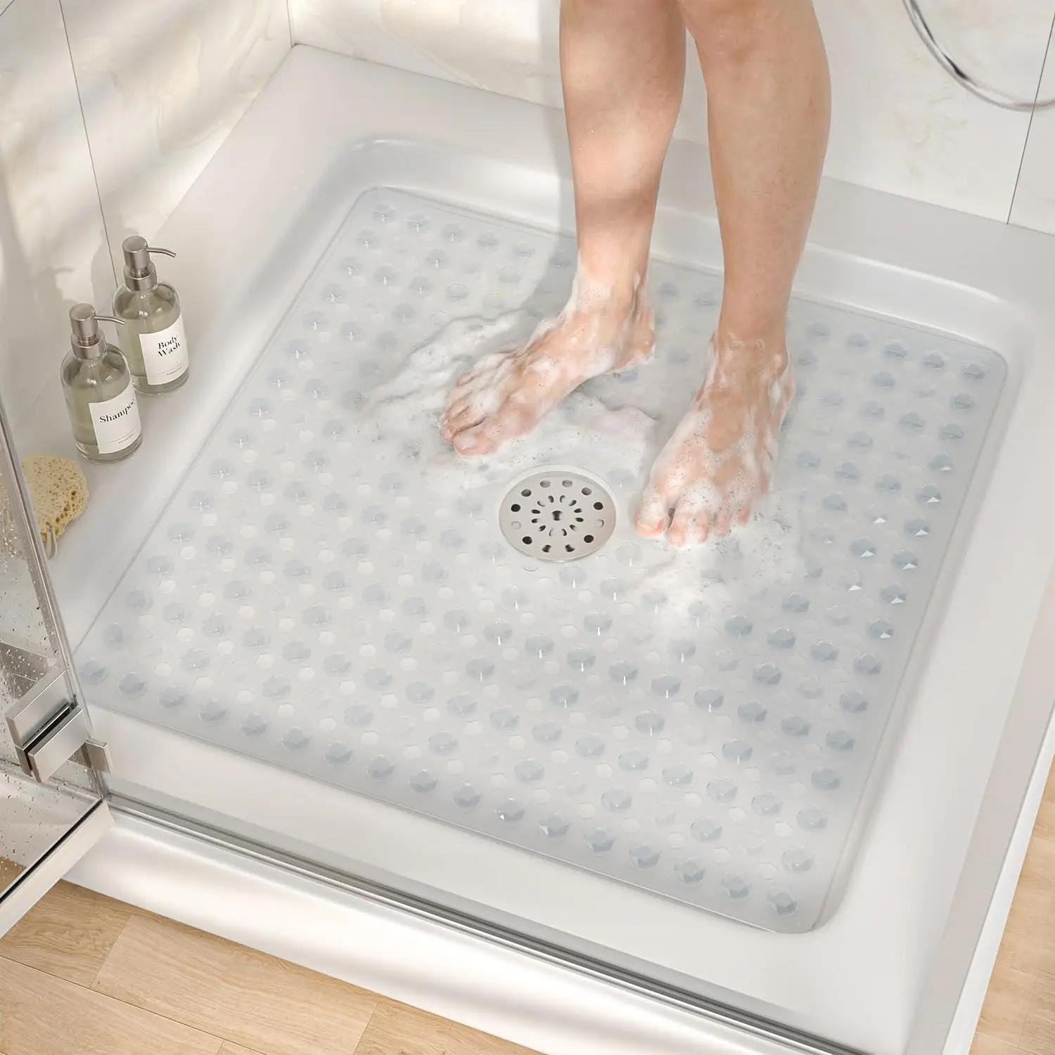 Non Slip Shower Stall Mat with Center Drain Hole,  Textured PVC Bath Mat for Inside Shower, Machine Washable,  Suction Cups for Bathroom Bathtub Mat, 24x24 Inch, Clear