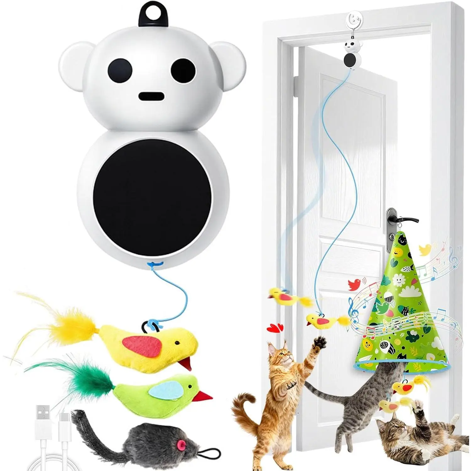 Interactive   for Indoor Cats: 2 in1 Automatic  and Seek Moving  Flying Bird Wand  with Chirping Bird Squeaky,  Rechargeable Exercise   for Kittens and Adult