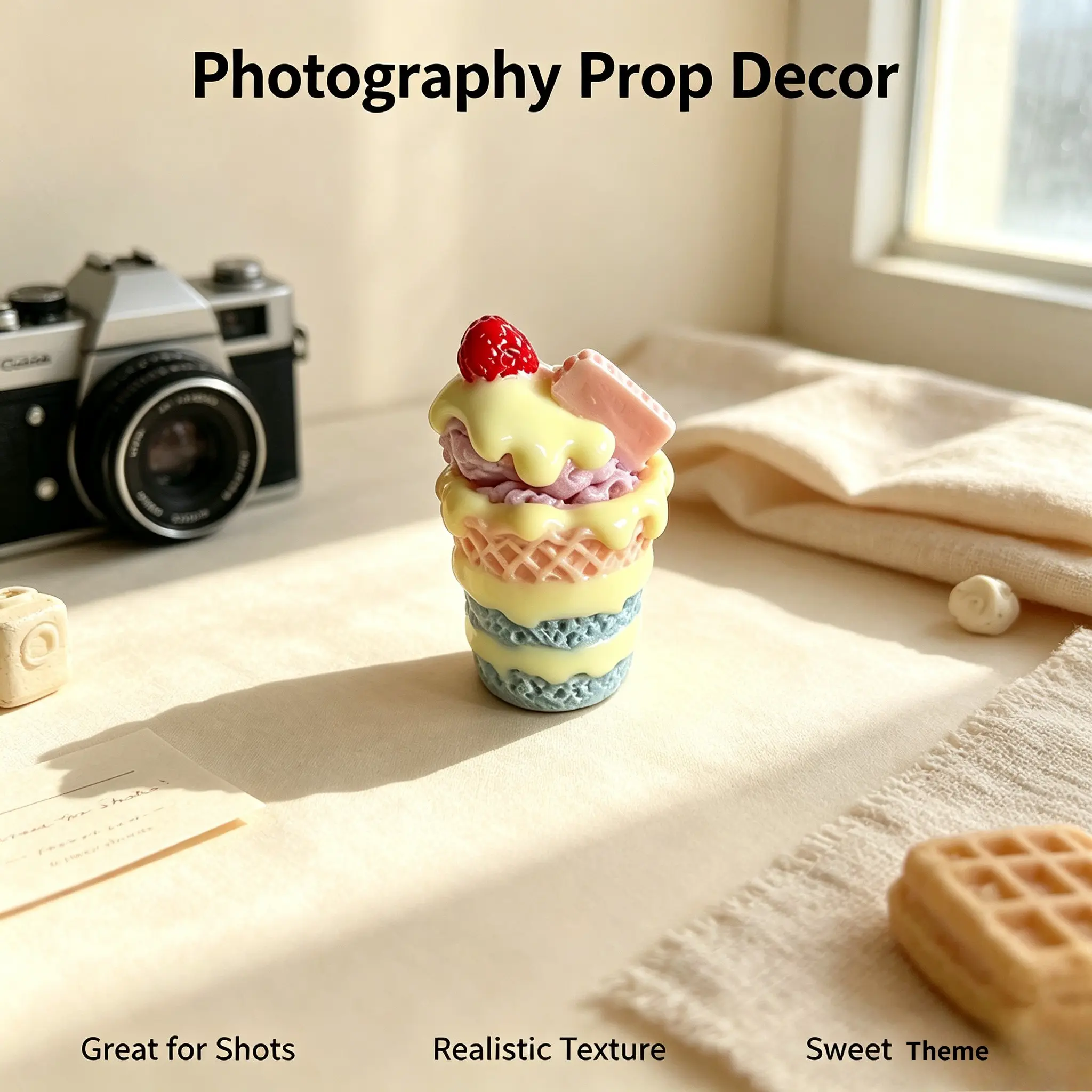Handmade Resin Strawberry Waffle Cake Ornament, Compact Dessert Statue, Desktop Decor for DIY Crafters, Photo Prop for Food Themes, Decorative Figurines
