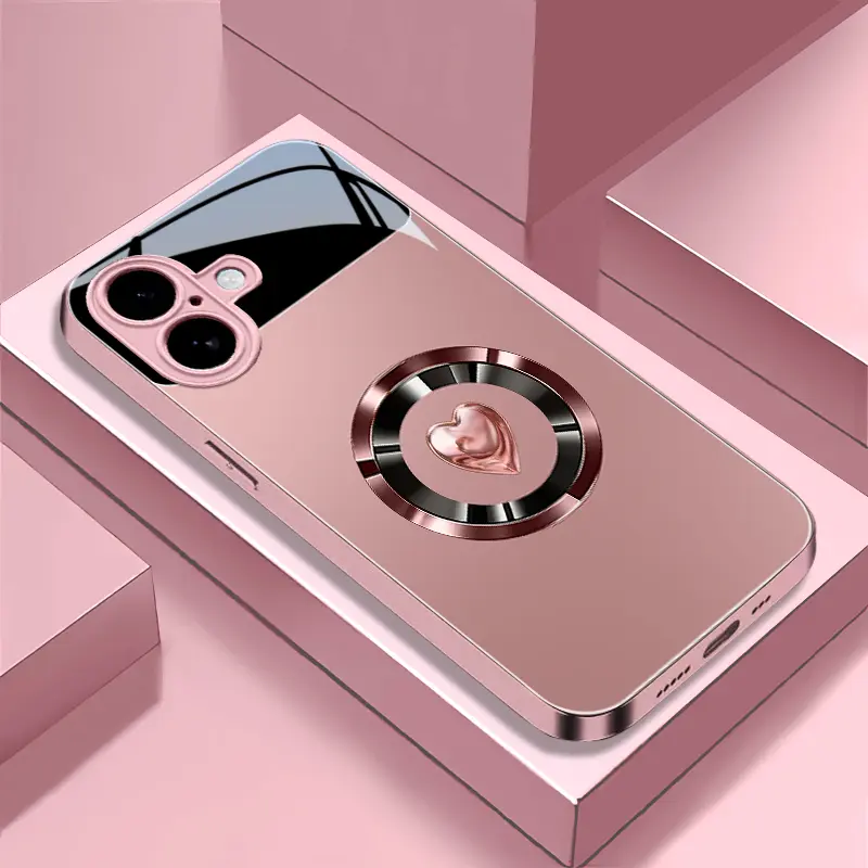 MagSafe Magnetic Glass Smartphone Case - Viral Coquette Pink Love Heart Glitter Cross, Rose Gold Glossy Electroplated Shockproof, Girly Romantic Aesthetic Cover for iPhone 16 Plus, Handheld Cellphone Devices Protection - 9435
