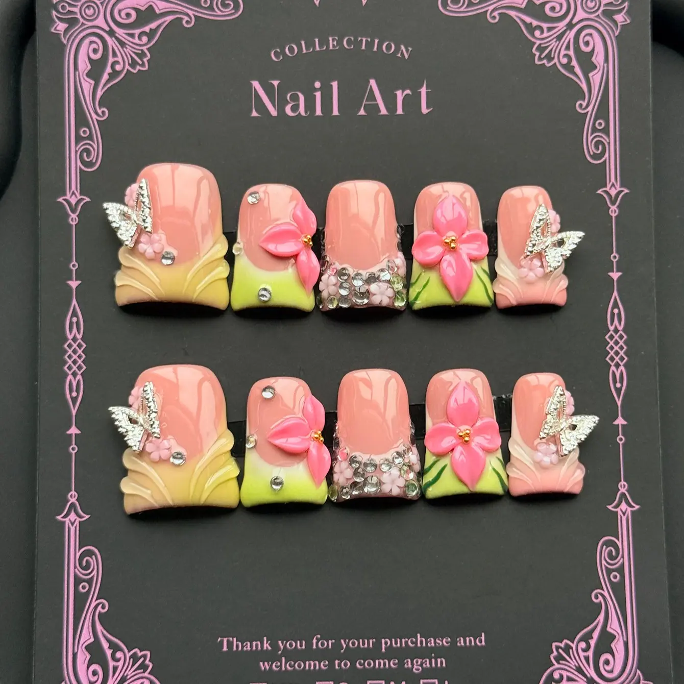 Y2K 10-Piece Handmade Press Ons Nails, Medium Length, Watermelon Summer Feel, French Style, Handcrafted Flowers, Perfect for Daily Wear, Gift Idea